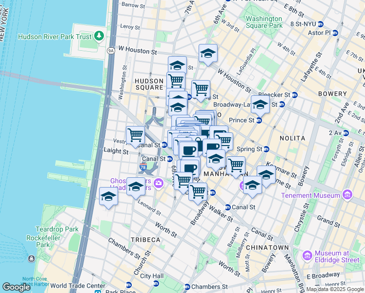 map of restaurants, bars, coffee shops, grocery stores, and more near 35 Grand Street in New York