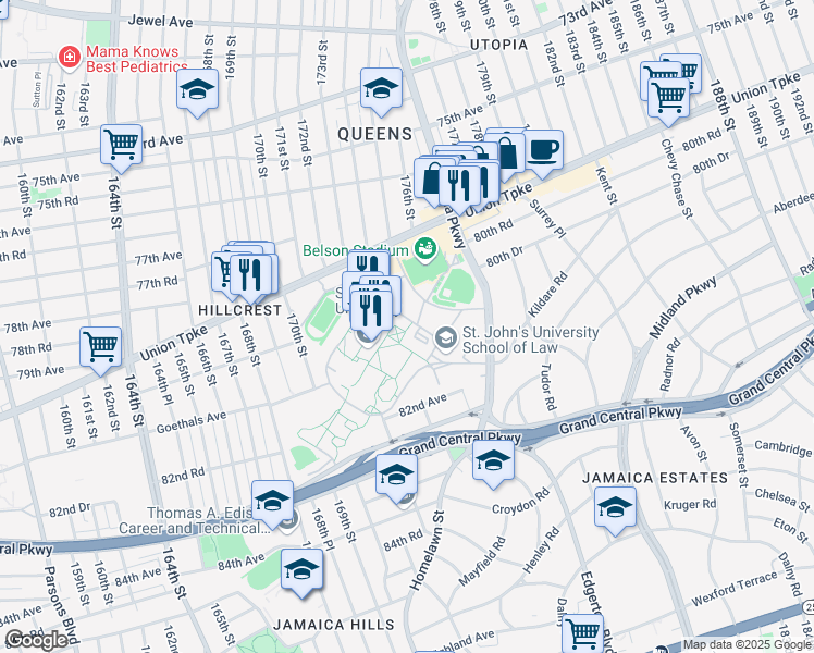 map of restaurants, bars, coffee shops, grocery stores, and more near 81-94 Utopia Parkway in Queens
