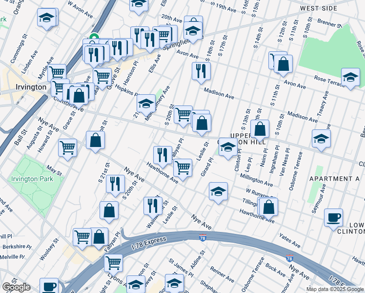 map of restaurants, bars, coffee shops, grocery stores, and more near 33 Beverly Street in Newark