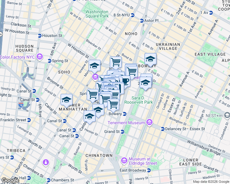 map of restaurants, bars, coffee shops, grocery stores, and more near 232 Mott Street in New York