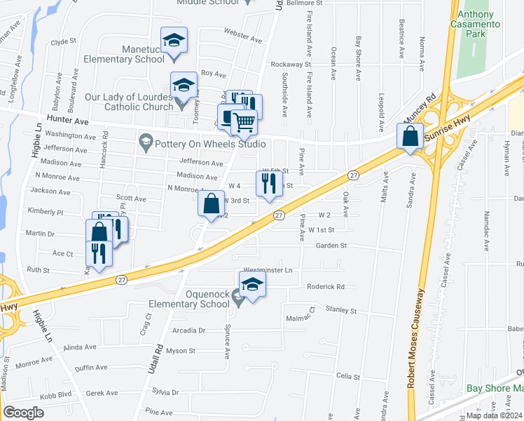 map of restaurants, bars, coffee shops, grocery stores, and more near 99 Spruce Avenue in West Islip