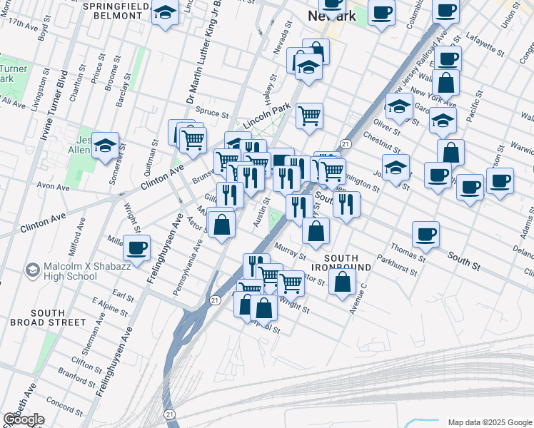 map of restaurants, bars, coffee shops, grocery stores, and more near 11 Tichenor Street in Newark