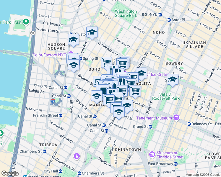 map of restaurants, bars, coffee shops, grocery stores, and more near 511 Broadway in New York