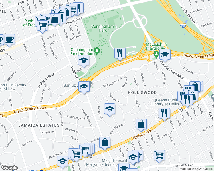map of restaurants, bars, coffee shops, grocery stores, and more near 193rd Street in Queens