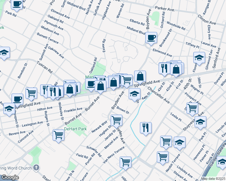 map of restaurants, bars, coffee shops, grocery stores, and more near 1585 Springfield Avenue in Maplewood