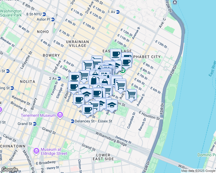 map of restaurants, bars, coffee shops, grocery stores, and more near 210 East 2nd Street in New York