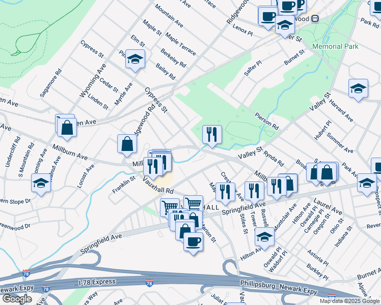 map of restaurants, bars, coffee shops, grocery stores, and more near 80 Millburn Avenue in Millburn