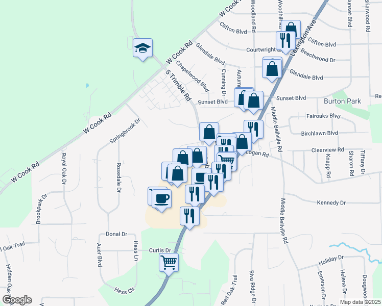 map of restaurants, bars, coffee shops, grocery stores, and more near 1296 South Trimble Road in Mansfield