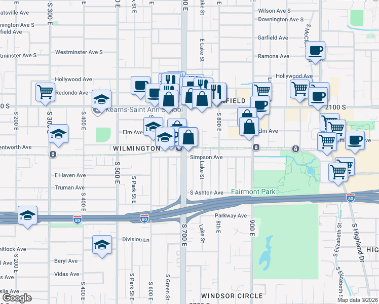map of restaurants, bars, coffee shops, grocery stores, and more near 717 Simpson Avenue in Salt Lake City