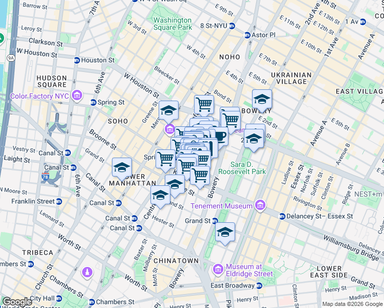 map of restaurants, bars, coffee shops, grocery stores, and more near 232 Mulberry Street in New York