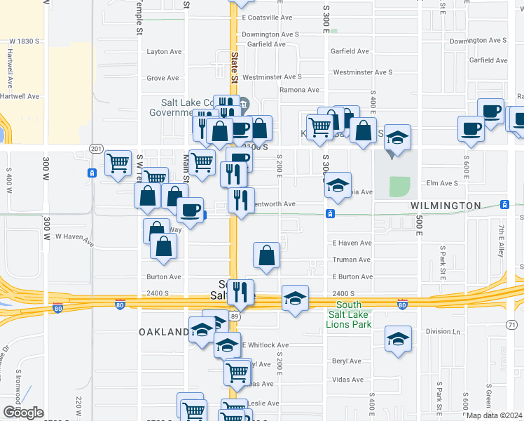 map of restaurants, bars, coffee shops, grocery stores, and more near 2265 South State Street in South Salt Lake
