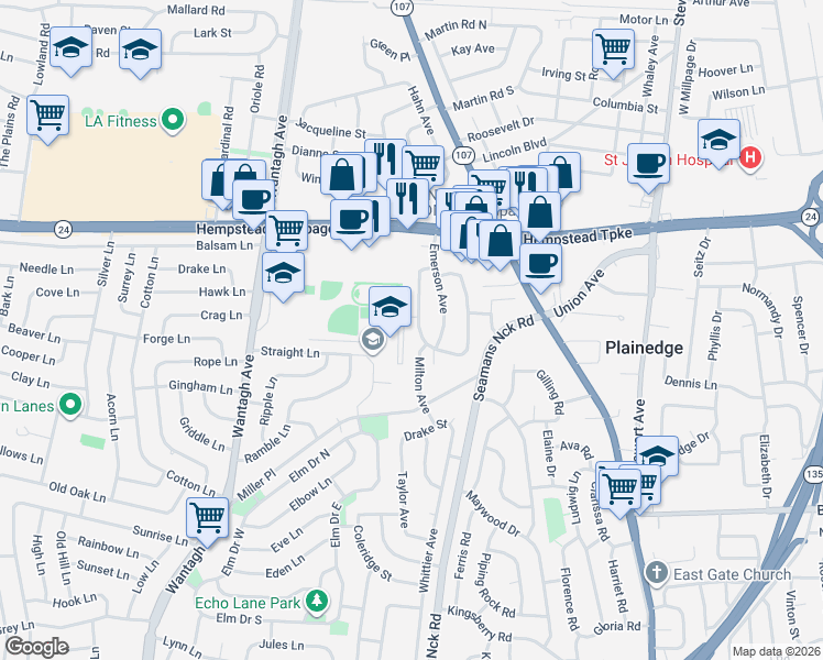 map of restaurants, bars, coffee shops, grocery stores, and more near 134 Milton Avenue in Levittown
