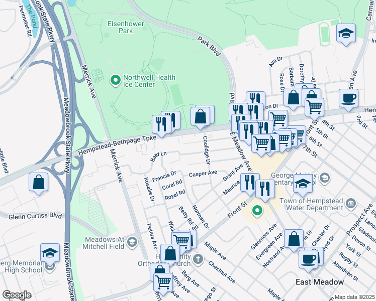 map of restaurants, bars, coffee shops, grocery stores, and more near 1772 Gerald Avenue in East Meadow