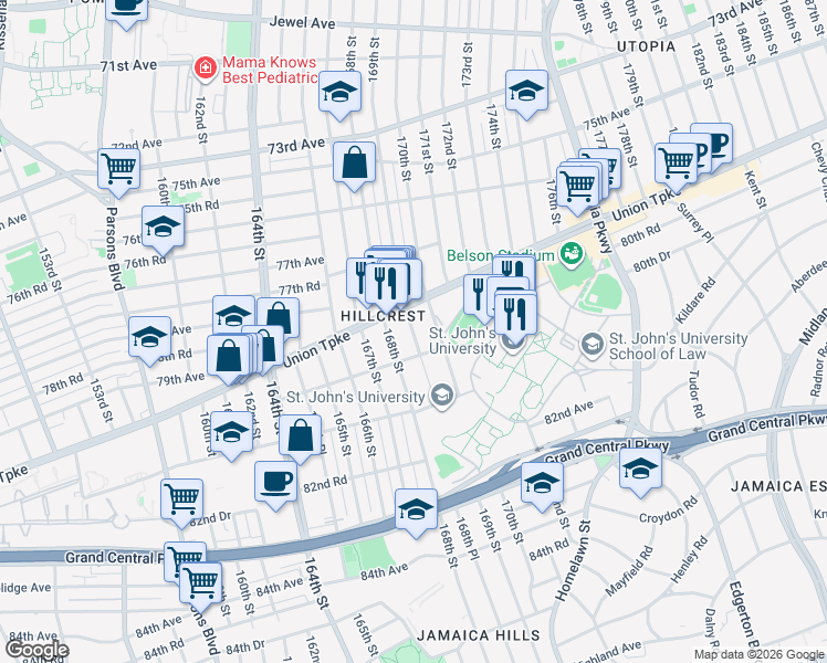 map of restaurants, bars, coffee shops, grocery stores, and more near 169-03 81st Avenue in Queens