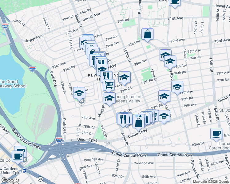 map of restaurants, bars, coffee shops, grocery stores, and more near 144-25 76th Road in Queens