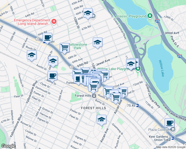 map of restaurants, bars, coffee shops, grocery stores, and more near 10750 Queens Boulevard in Queens