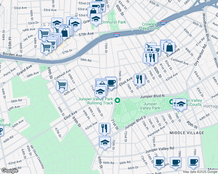 map of restaurants, bars, coffee shops, grocery stores, and more near 74-2 Eliot Avenue in Queens