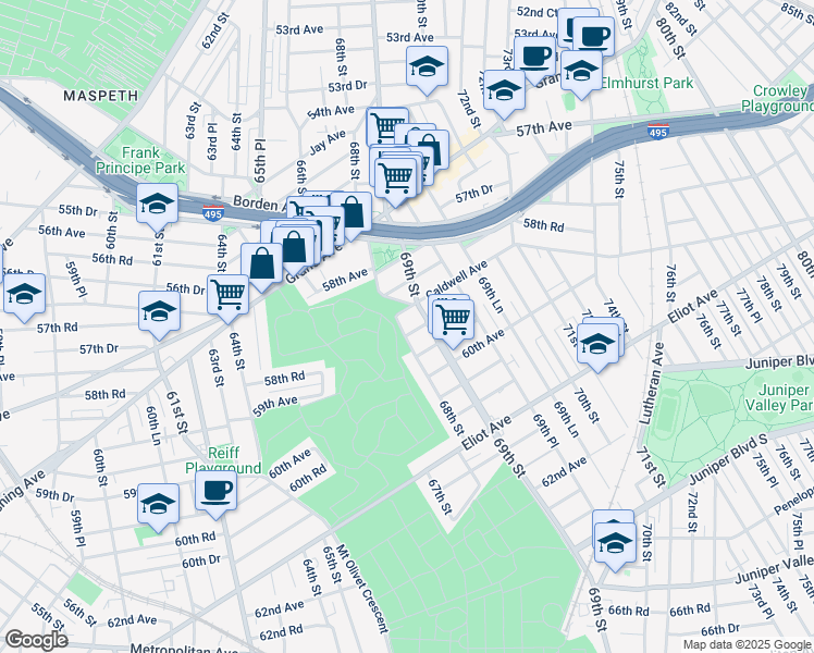 map of restaurants, bars, coffee shops, grocery stores, and more near 68-04 59th Road in Queens