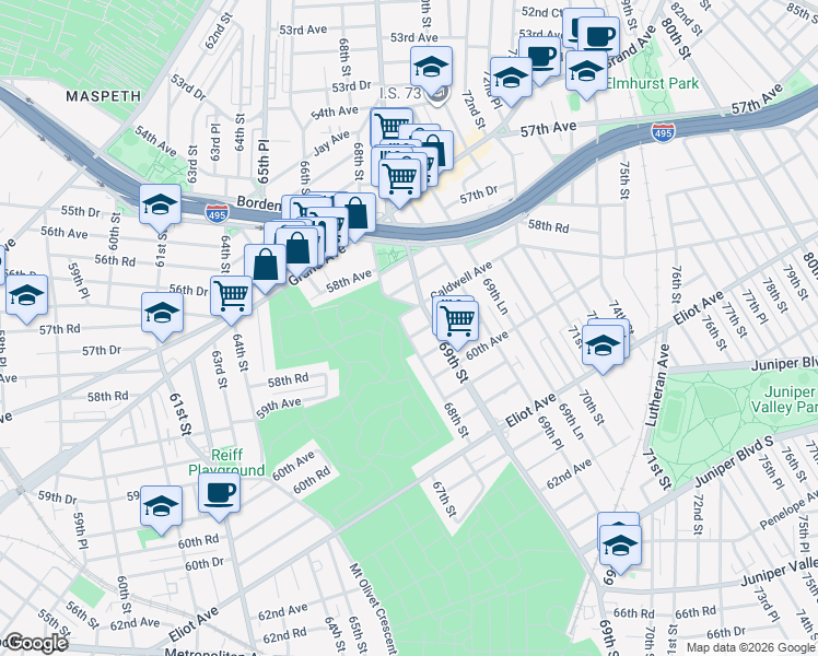 map of restaurants, bars, coffee shops, grocery stores, and more near 68-04 59th Road in Queens