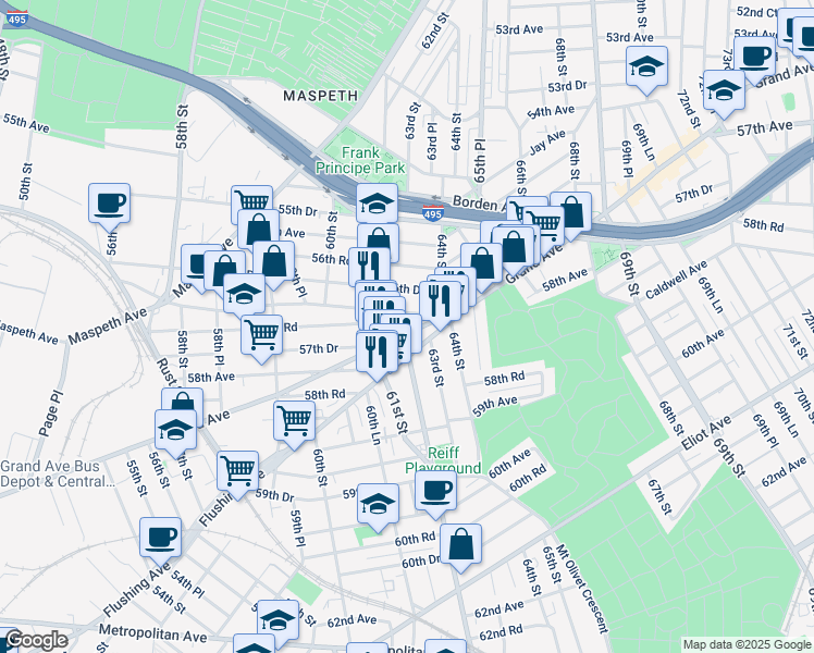 map of restaurants, bars, coffee shops, grocery stores, and more near 61-24 Grand Avenue in Queens