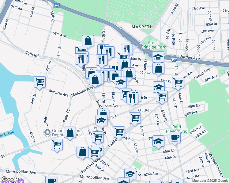 map of restaurants, bars, coffee shops, grocery stores, and more near 5816 57th Road in Queens