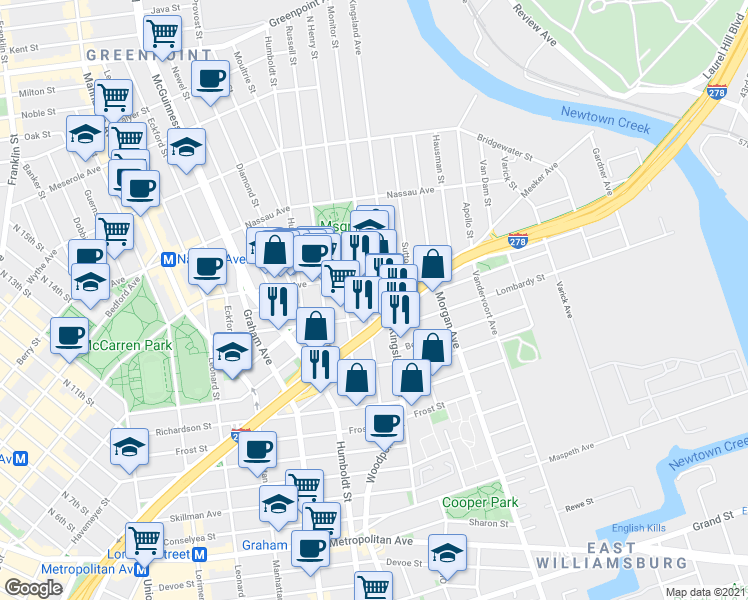 map of restaurants, bars, coffee shops, grocery stores, and more near 187 Engert Avenue in Brooklyn