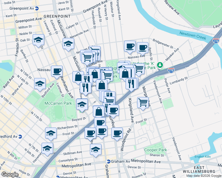 map of restaurants, bars, coffee shops, grocery stores, and more near 161 Engert Avenue in Brooklyn