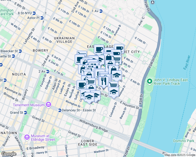map of restaurants, bars, coffee shops, grocery stores, and more near 242 East 3rd Street in New York