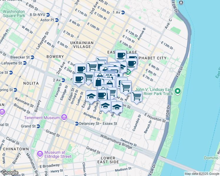map of restaurants, bars, coffee shops, grocery stores, and more near 210 East 2nd Street in New York
