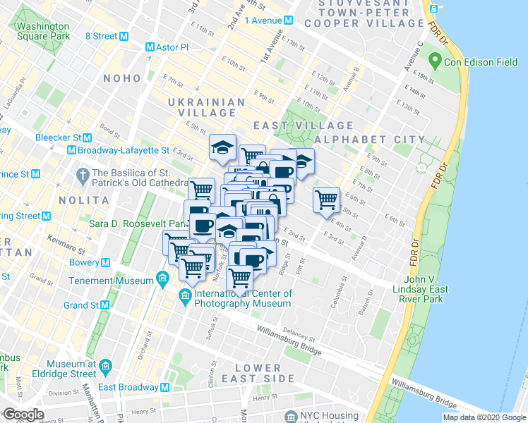 map of restaurants, bars, coffee shops, grocery stores, and more near 250 East Houston Street in New York