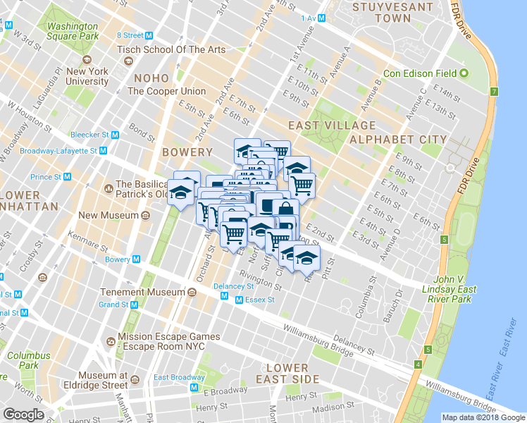 map of restaurants, bars, coffee shops, grocery stores, and more near 11 A Avenue in New York
