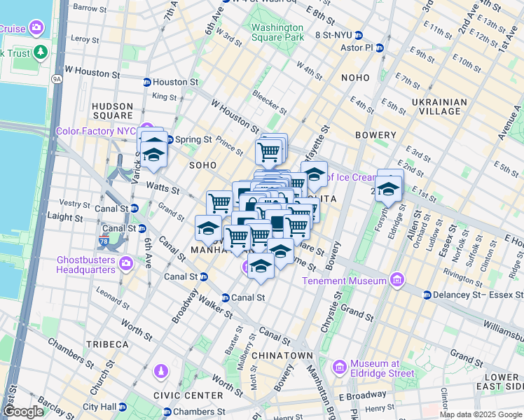 map of restaurants, bars, coffee shops, grocery stores, and more near 226 Lafayette Street in New York