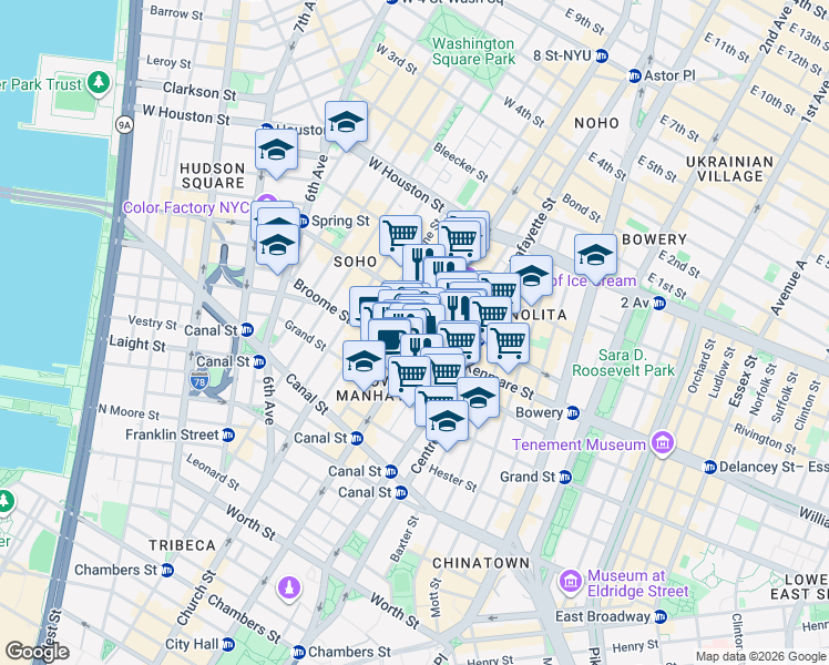 map of restaurants, bars, coffee shops, grocery stores, and more near 492 Broadway in New York