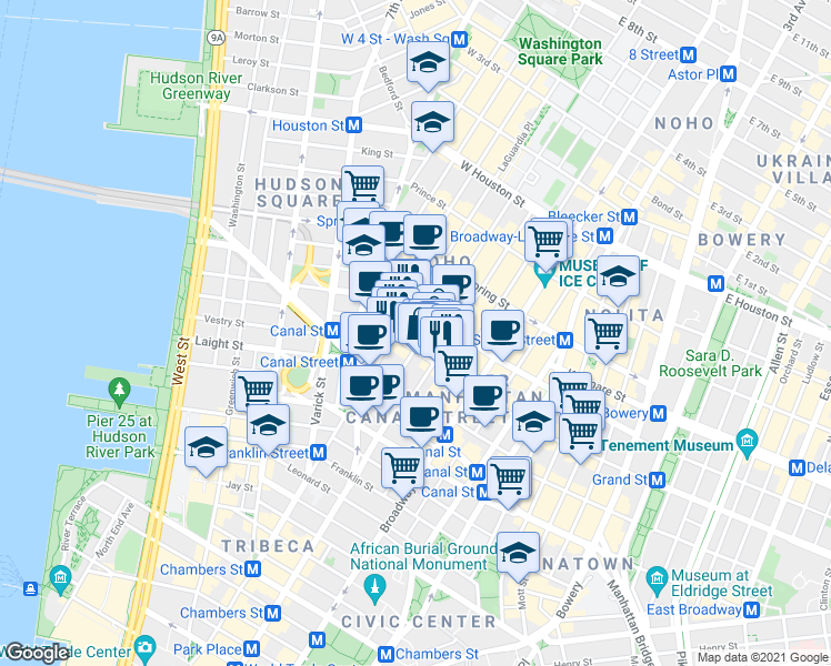 map of restaurants, bars, coffee shops, grocery stores, and more near 78 Grand Street in New York