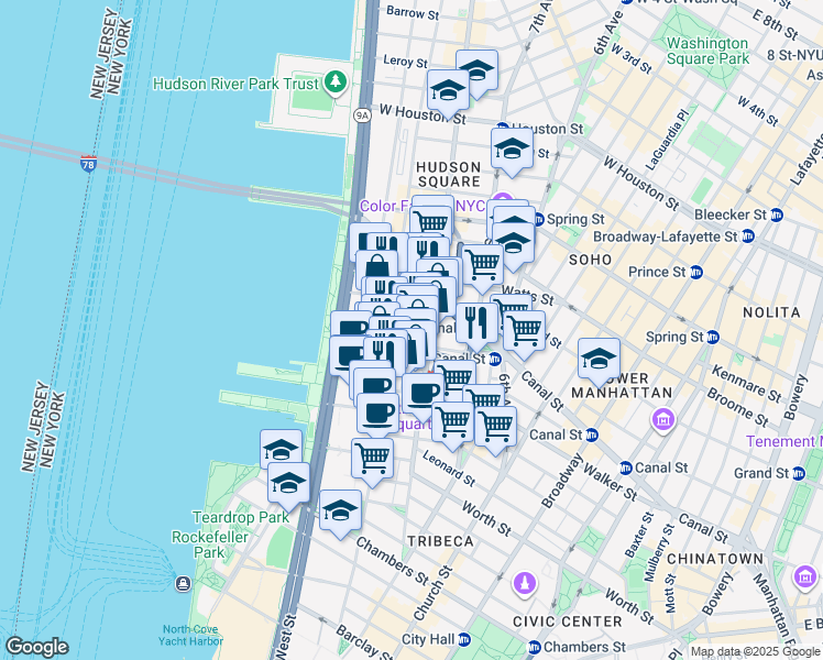 map of restaurants, bars, coffee shops, grocery stores, and more near in New York
