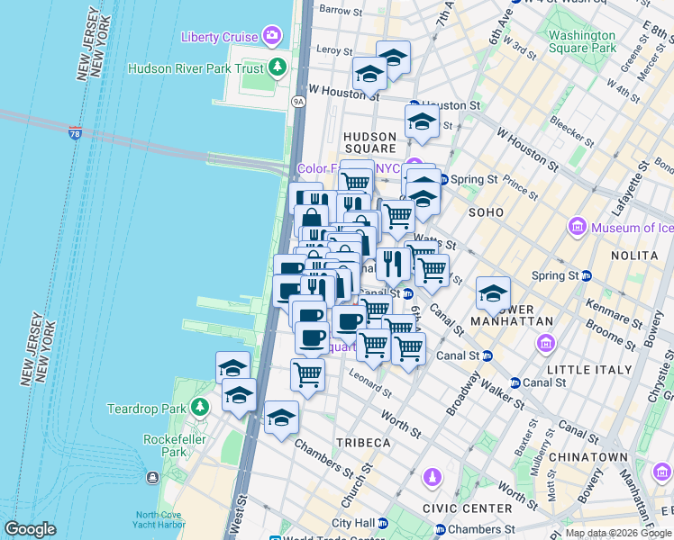 map of restaurants, bars, coffee shops, grocery stores, and more near in New York