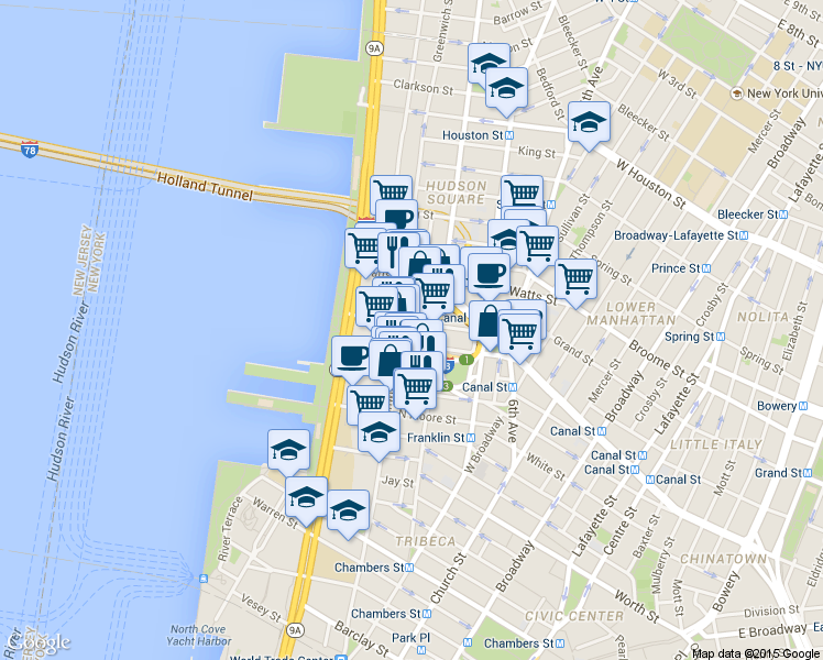 map of restaurants, bars, coffee shops, grocery stores, and more near in New York