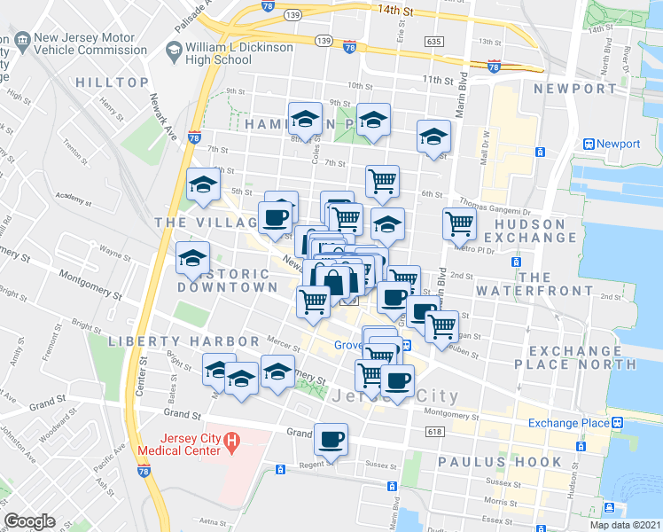 map of restaurants, bars, coffee shops, grocery stores, and more near 547 Jersey Avenue in Jersey City