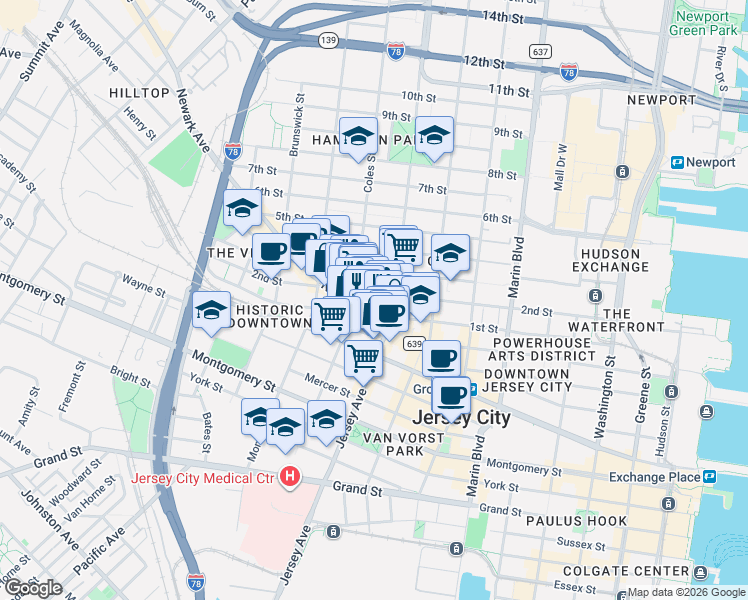 map of restaurants, bars, coffee shops, grocery stores, and more near 240 County Road 639 in Jersey City