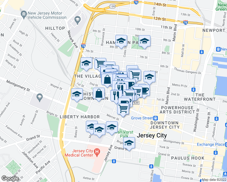 map of restaurants, bars, coffee shops, grocery stores, and more near 327 1st Street in Jersey City