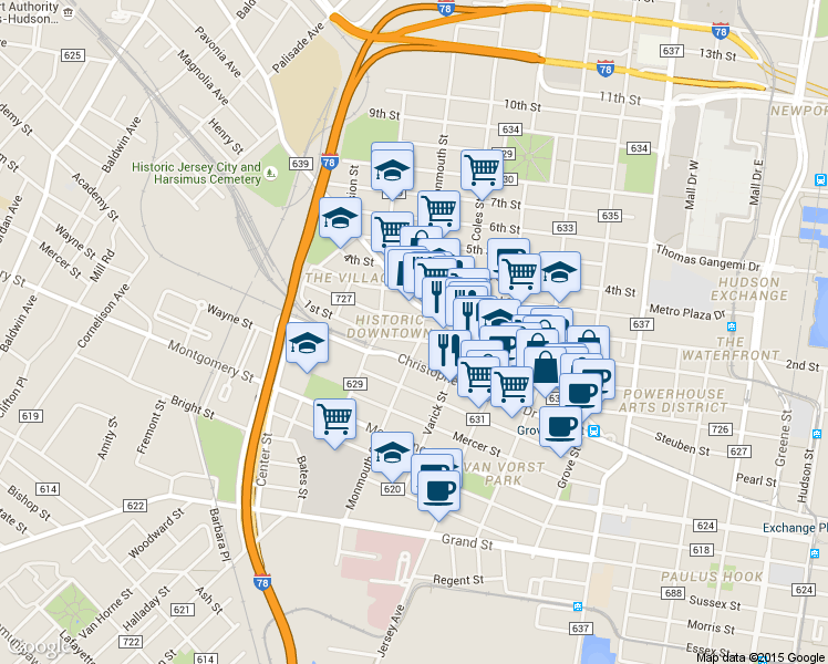 map of restaurants, bars, coffee shops, grocery stores, and more near 327 1st Street in Jersey City