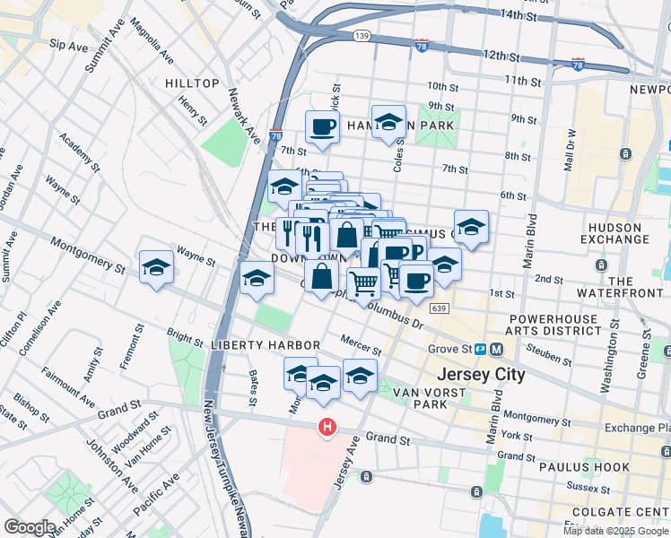 map of restaurants, bars, coffee shops, grocery stores, and more near 357 1st Street in Jersey City