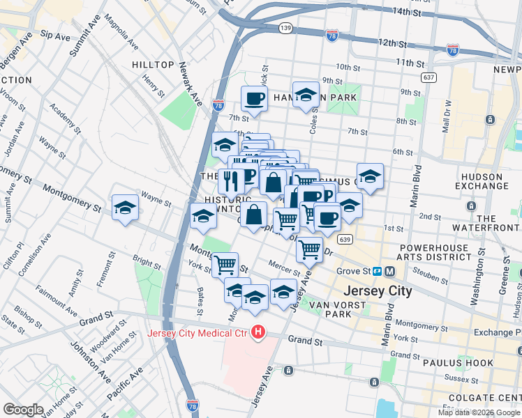 map of restaurants, bars, coffee shops, grocery stores, and more near 357 1st Street in Jersey City