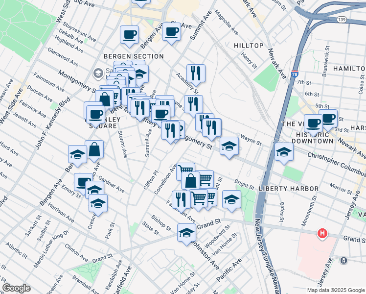 map of restaurants, bars, coffee shops, grocery stores, and more near 100 Bright Street in Jersey City