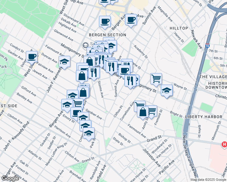 map of restaurants, bars, coffee shops, grocery stores, and more near in Jersey City