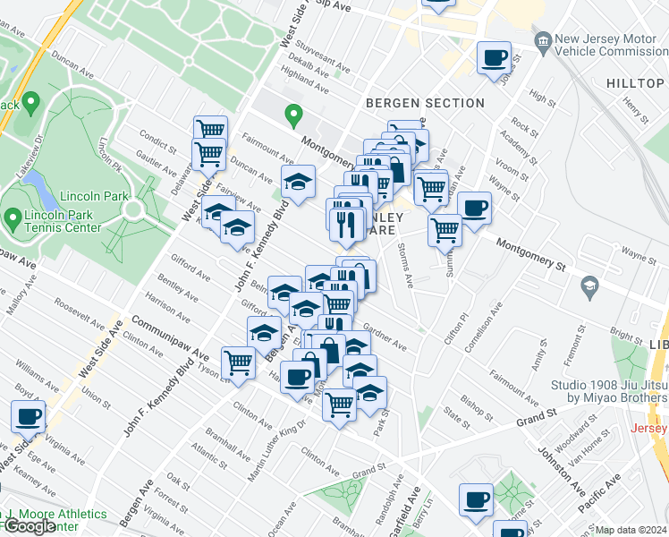 map of restaurants, bars, coffee shops, grocery stores, and more near in Jersey City
