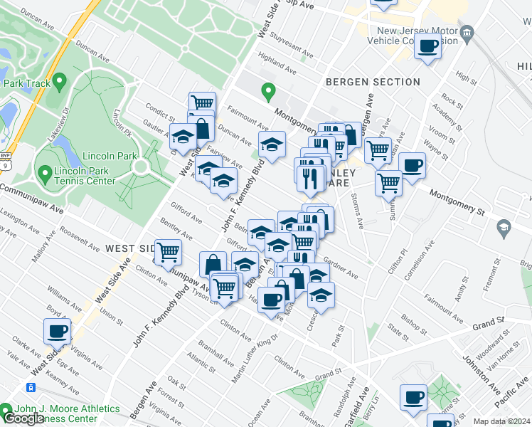 map of restaurants, bars, coffee shops, grocery stores, and more near 19 Kensington Avenue in Jersey City