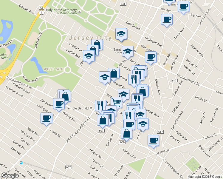 map of restaurants, bars, coffee shops, grocery stores, and more near 178 Belmont Avenue in Jersey City