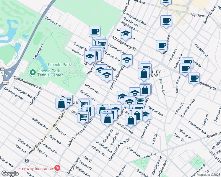 map of restaurants, bars, coffee shops, grocery stores, and more near 9500 Lincoln Park in Jersey City