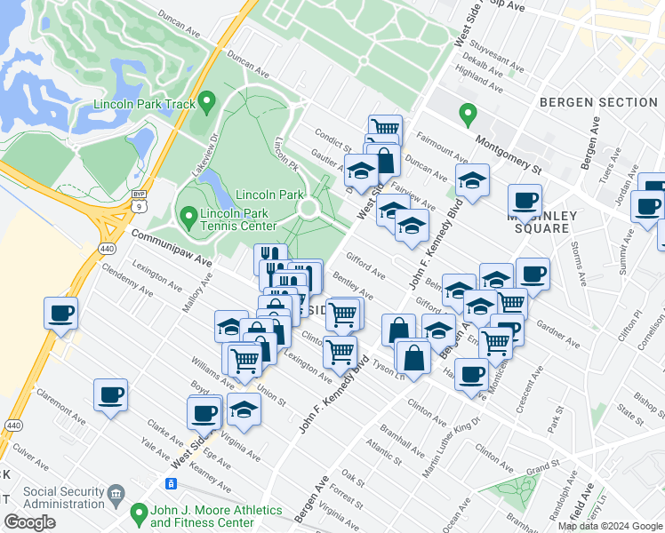 map of restaurants, bars, coffee shops, grocery stores, and more near in Jersey City